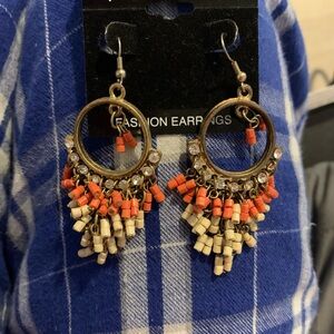 Bohemian Dangle Earrings with Orange and Cream Beads
